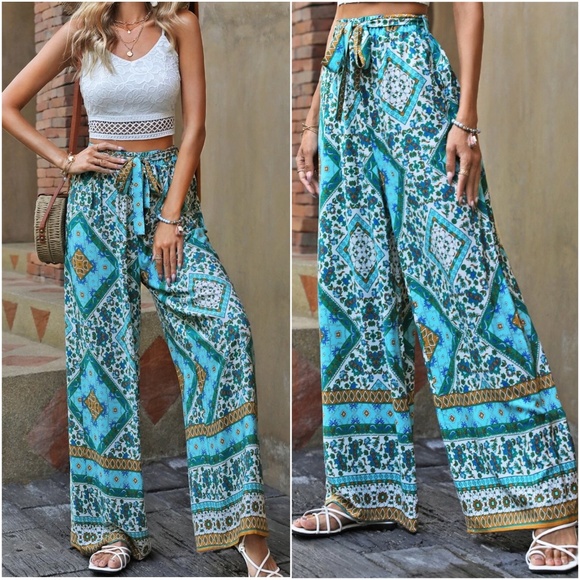 Pants - Boho Mint Geo Print Belted Wide Leg Pants